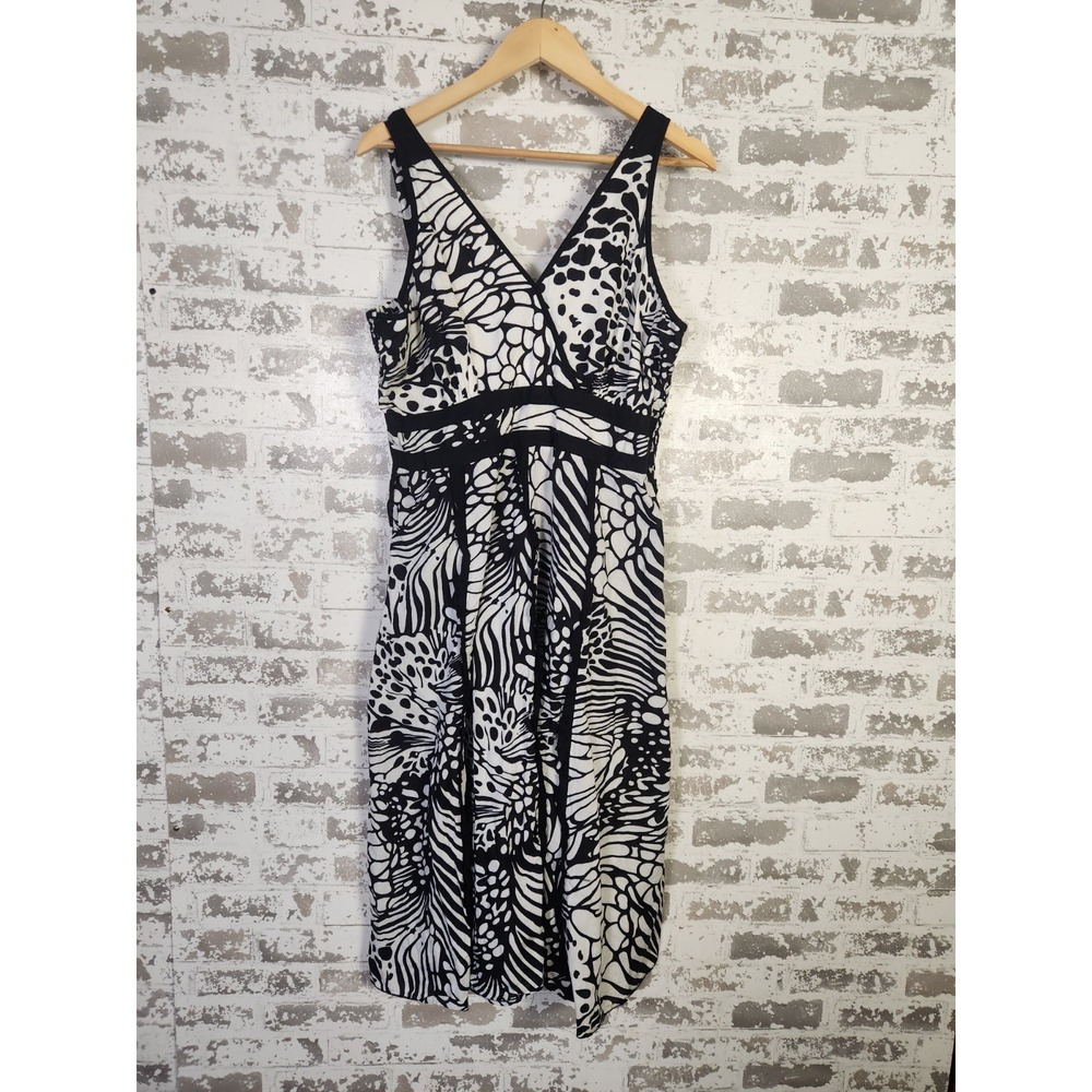 Boho Artsy Abstract Midi Dress Size 1X Black White Empire Waist Animal Print